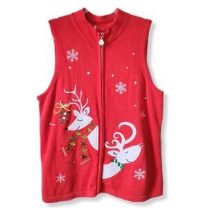 Women Vintage 90s Red White Reindeer Vest 1X Holiday Christmas Novelty Granny